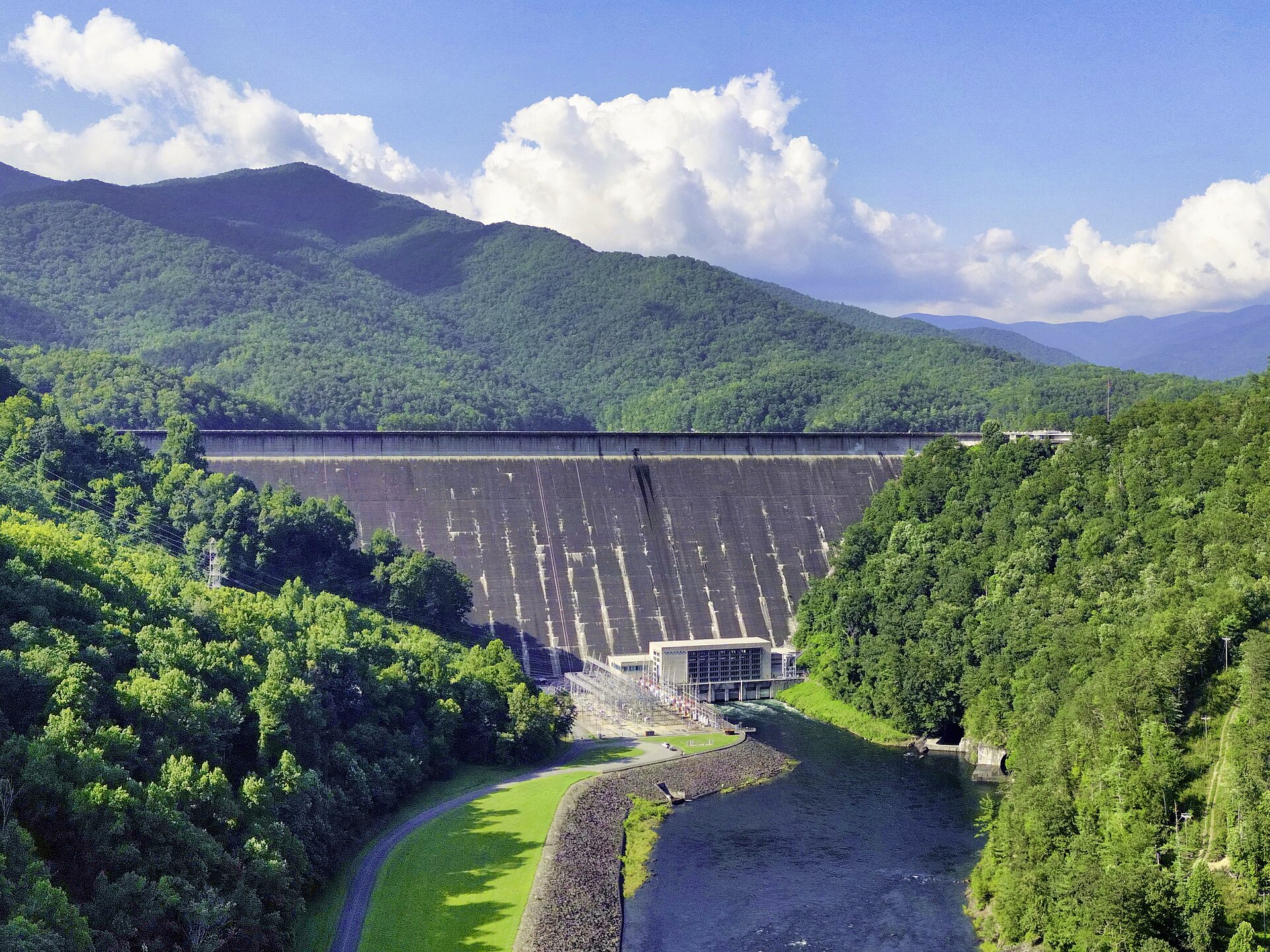 Fontana Dam from above, river and ridges beyond